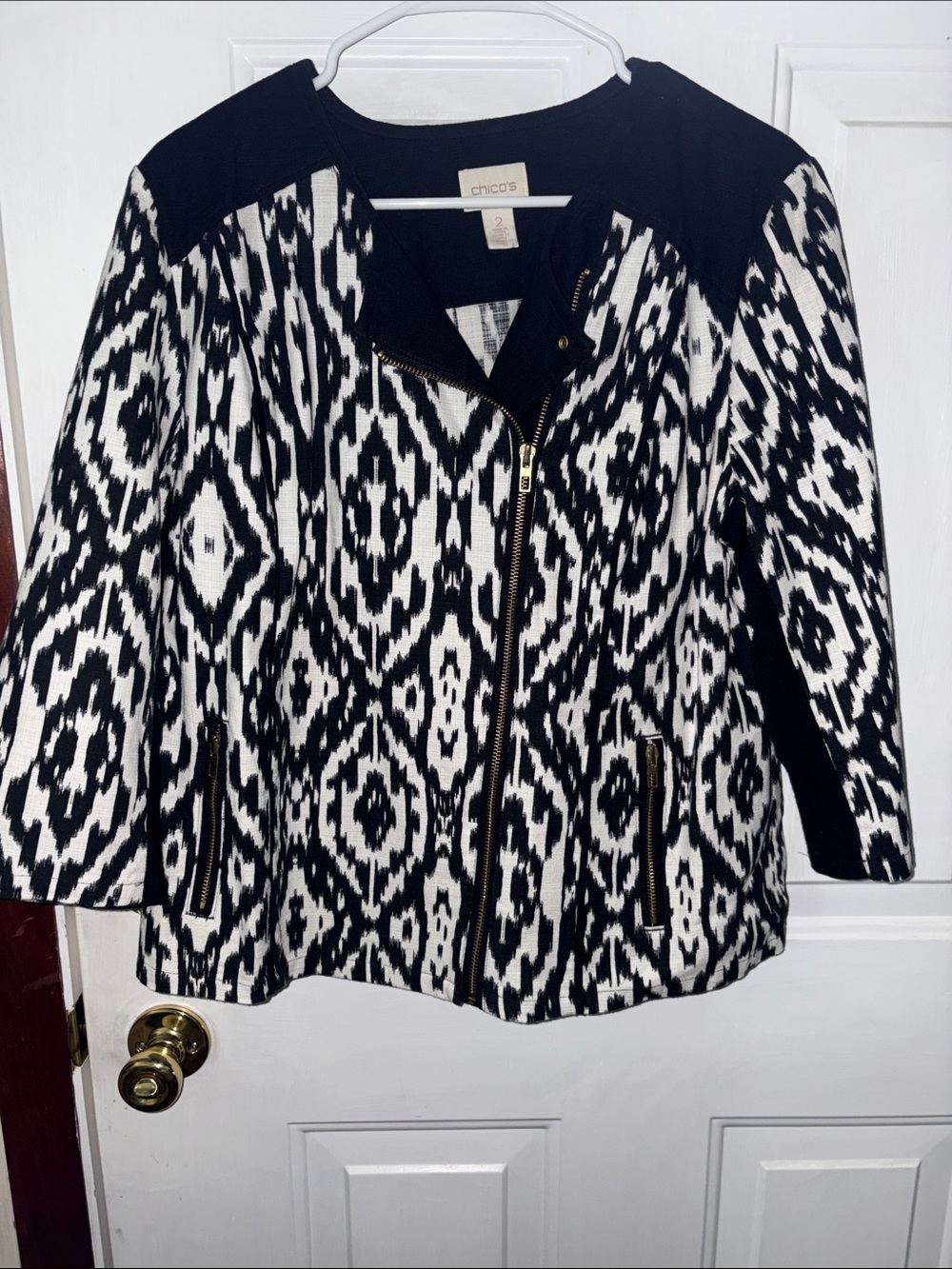 Chico's Black and White Ikat-Print Zip Jacket